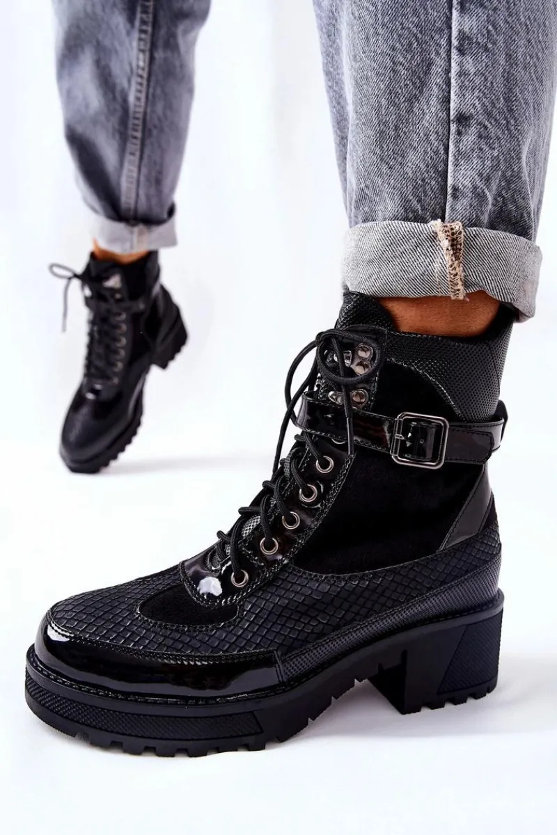 Damskie Trapery|Botki Sznurowane>Boto Botki Workery Z Klamrą Czarne Devera