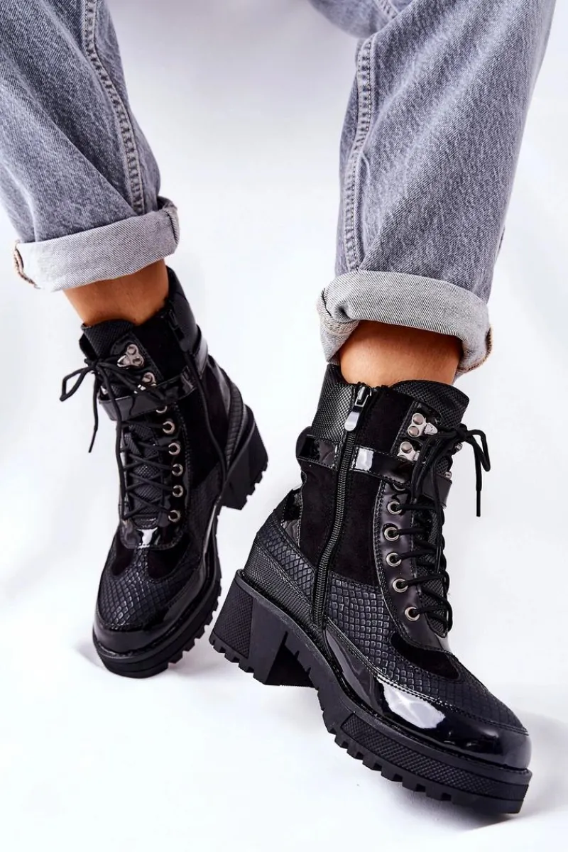 Damskie Trapery|Botki Sznurowane>Boto Botki Workery Z Klamrą Czarne Devera