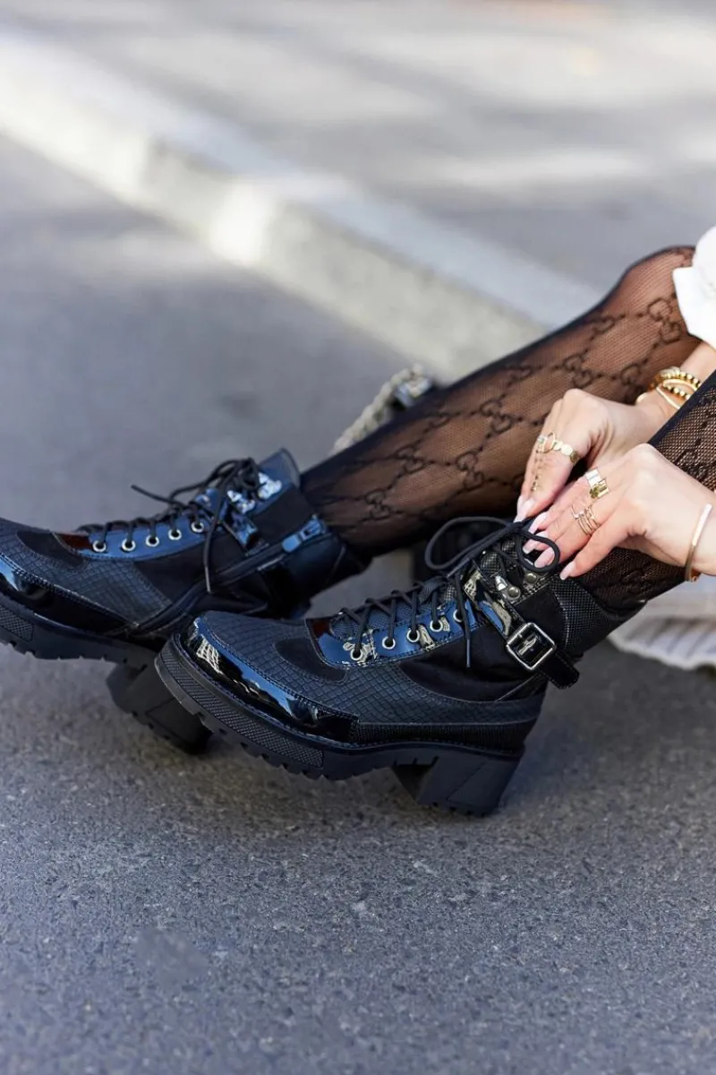 Damskie Trapery|Botki Sznurowane>Boto Botki Workery Z Klamrą Czarne Devera