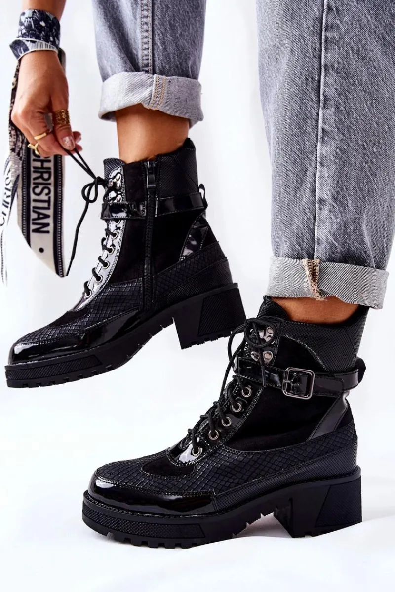 Damskie Trapery|Botki Sznurowane>Boto Botki Workery Z Klamrą Czarne Devera