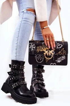 Czarne Botki|Botki Płaskie>Boto Botki Workery Z Paskami Ćwieki Czarne Brenna