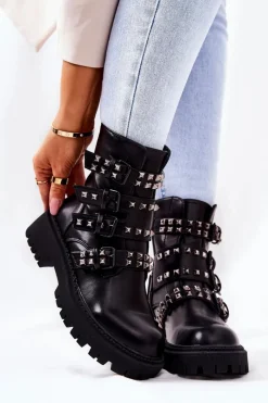 Czarne Botki|Botki Płaskie>Boto Botki Workery Z Paskami Ćwieki Czarne Brenna