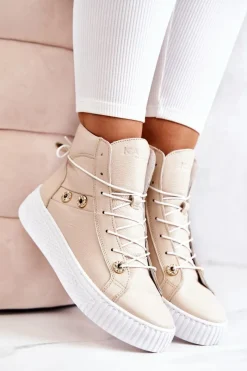 Sale Botki Wysokie Trampki Skórzane Beżowo-Białe Ashlee Damskie Trampki Damskie Wysokie|Botki Wiosenne