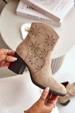 Clearance Boto Botki Z Ażurową Cholewką Na Słupku Eko Zamszowe Beżowe Nevishiia