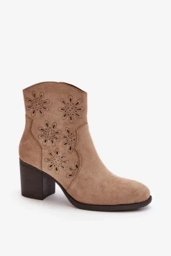 Clearance Boto Botki Z Ażurową Cholewką Na Słupku Eko Zamszowe Beżowe Nevishiia