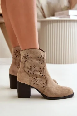 Clearance Boto Botki Z Ażurową Cholewką Na Słupku Eko Zamszowe Beżowe Nevishiia