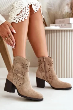 Clearance Boto Botki Z Ażurową Cholewką Na Słupku Eko Zamszowe Beżowe Nevishiia