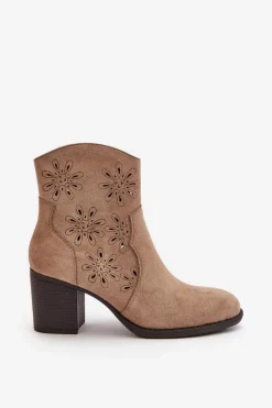 Clearance Boto Botki Z Ażurową Cholewką Na Słupku Eko Zamszowe Beżowe Nevishiia