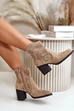 Clearance Boto Botki Z Ażurową Cholewką Na Słupku Eko Zamszowe Beżowe Nevishiia