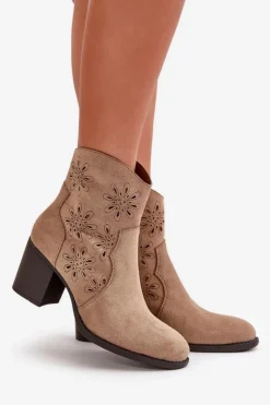 Clearance Boto Botki Z Ażurową Cholewką Na Słupku Eko Zamszowe Beżowe Nevishiia