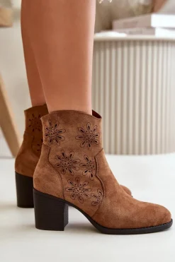 Discount Boto Botki Z Ażurową Cholewką Na Słupku Eko Zamszowe Brązowe Nevishiia Brązowy