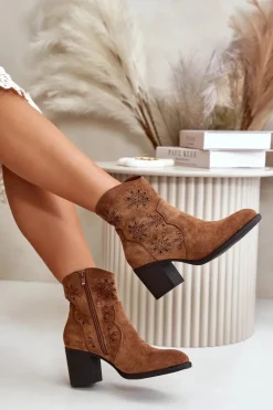 Discount Boto Botki Z Ażurową Cholewką Na Słupku Eko Zamszowe Brązowe Nevishiia Brązowy