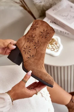 Discount Boto Botki Z Ażurową Cholewką Na Słupku Eko Zamszowe Brązowe Nevishiia Brązowy