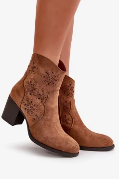 Discount Boto Botki Z Ażurową Cholewką Na Słupku Eko Zamszowe Brązowe Nevishiia Brązowy