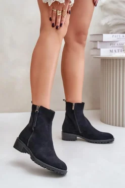 Discount Botki Z Eko Zamszu Na Płaskim Obcasie Czarne Innabelle Damskie Botki Ocieplane|Czarne Botki