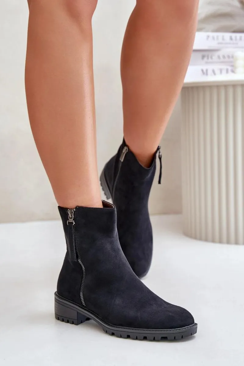 Discount Botki Z Eko Zamszu Na Płaskim Obcasie Czarne Innabelle Damskie Botki Ocieplane|Czarne Botki