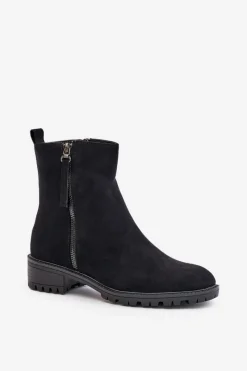 Discount Botki Z Eko Zamszu Na Płaskim Obcasie Czarne Innabelle Damskie Botki Ocieplane|Czarne Botki