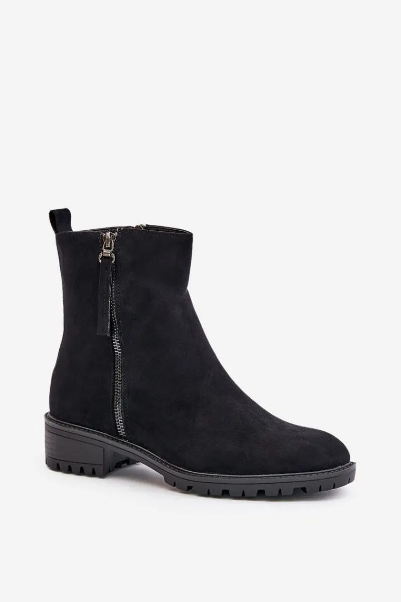 Discount Botki Z Eko Zamszu Na Płaskim Obcasie Czarne Innabelle Damskie Botki Ocieplane|Czarne Botki
