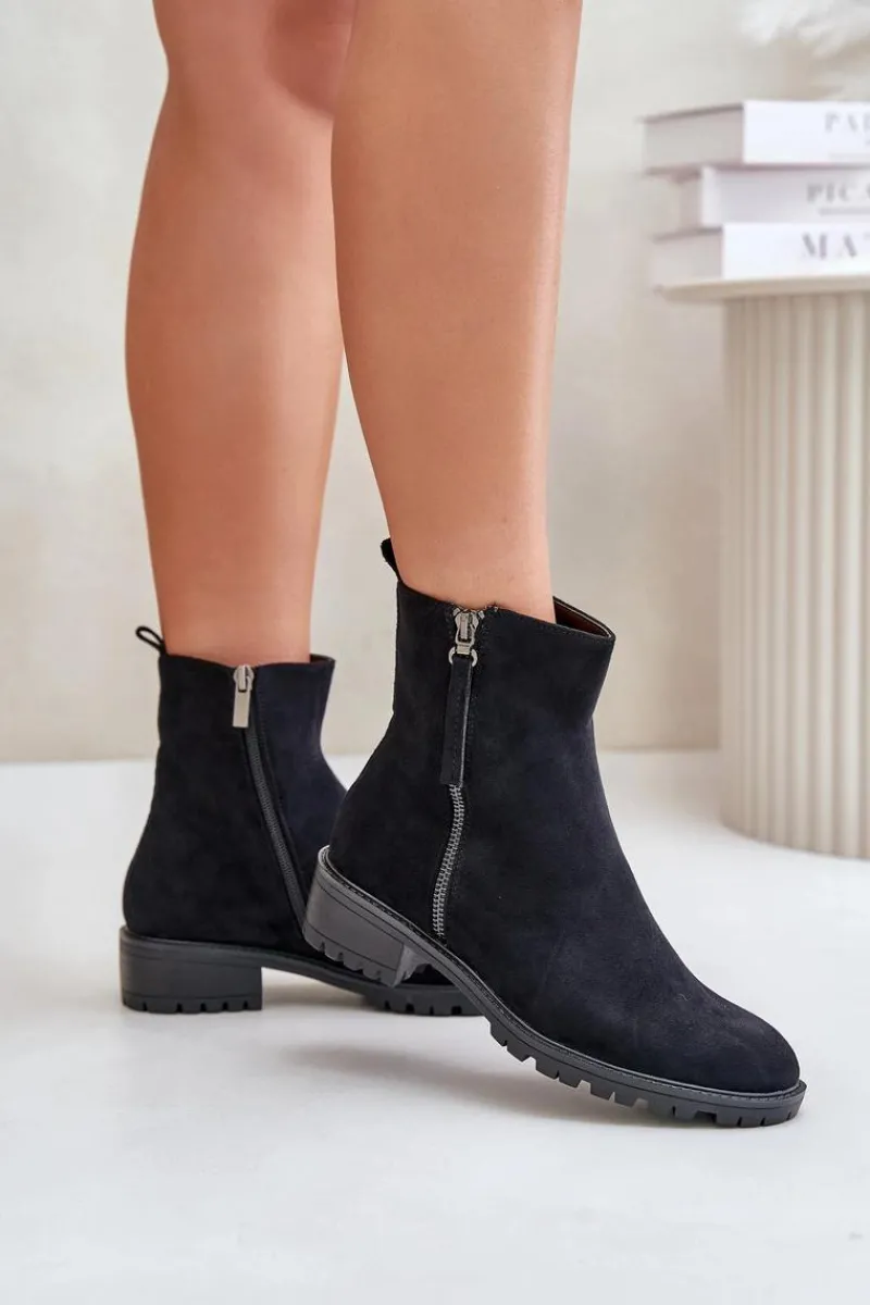 Discount Botki Z Eko Zamszu Na Płaskim Obcasie Czarne Innabelle Damskie Botki Ocieplane|Czarne Botki