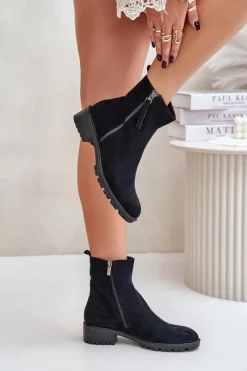 Discount Botki Z Eko Zamszu Na Płaskim Obcasie Czarne Innabelle Damskie Botki Ocieplane|Czarne Botki