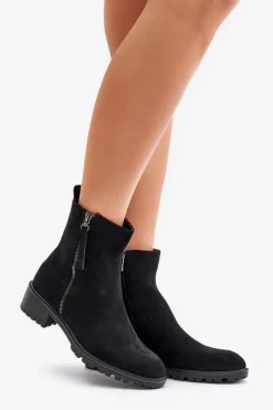Discount Botki Z Eko Zamszu Na Płaskim Obcasie Czarne Innabelle Damskie Botki Ocieplane|Czarne Botki