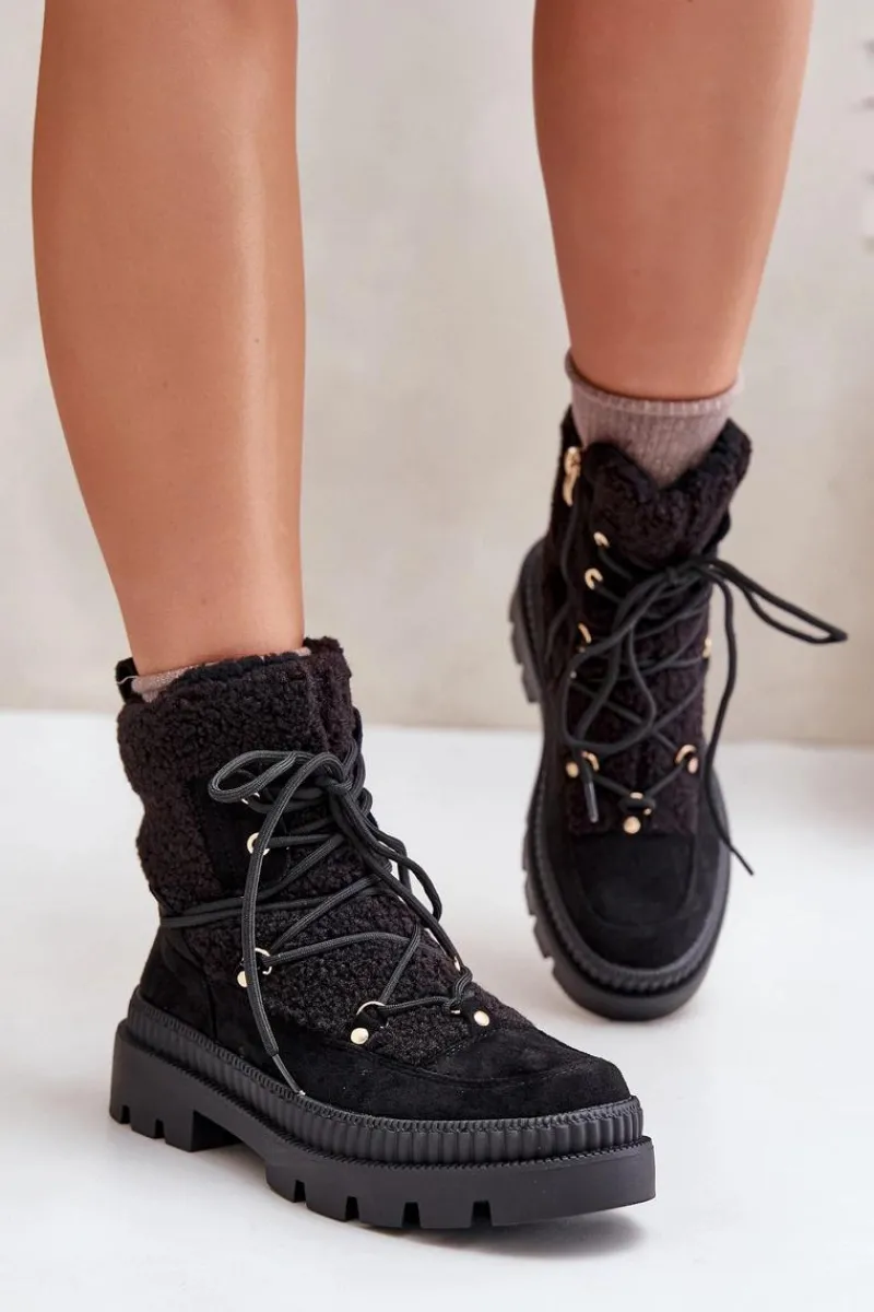 Botki Ocieplane|Damskie Trapery>Boto Botki Z Futerkiem Typu Baranek Czarne Merilana Czarny