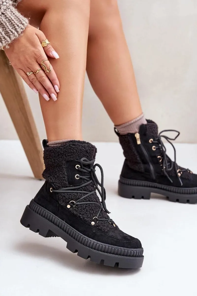 Botki Ocieplane|Damskie Trapery>Boto Botki Z Futerkiem Typu Baranek Czarne Merilana Czarny