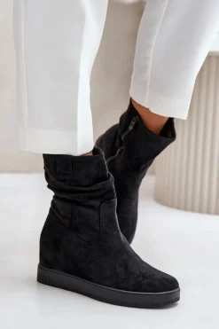 Hot Botki Z Marszczoną Cholewka Na Ukrytym Koturnie Czarne Zinradea Damskie Botki Na Koturnie|Botki Płaskie
