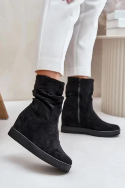 Hot Botki Z Marszczoną Cholewka Na Ukrytym Koturnie Czarne Zinradea Damskie Botki Na Koturnie|Botki Płaskie