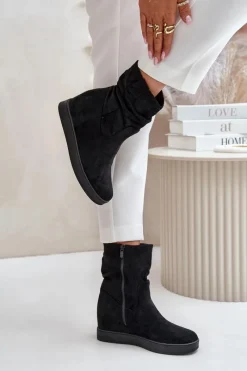 Hot Botki Z Marszczoną Cholewka Na Ukrytym Koturnie Czarne Zinradea Damskie Botki Na Koturnie|Botki Płaskie