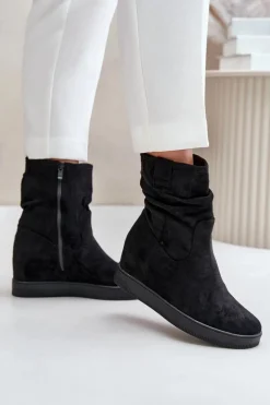 Hot Botki Z Marszczoną Cholewka Na Ukrytym Koturnie Czarne Zinradea Damskie Botki Na Koturnie|Botki Płaskie