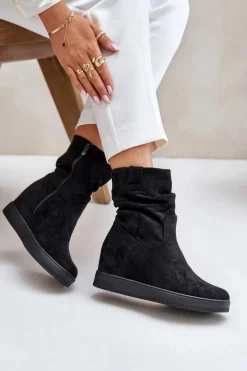 Hot Botki Z Marszczoną Cholewka Na Ukrytym Koturnie Czarne Zinradea Damskie Botki Na Koturnie|Botki Płaskie