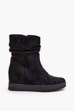 Hot Botki Z Marszczoną Cholewka Na Ukrytym Koturnie Czarne Zinradea Damskie Botki Na Koturnie|Botki Płaskie