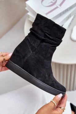 Hot Botki Z Marszczoną Cholewka Na Ukrytym Koturnie Czarne Zinradea Damskie Botki Na Koturnie|Botki Płaskie