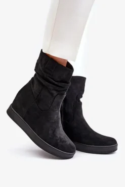 Hot Botki Z Marszczoną Cholewka Na Ukrytym Koturnie Czarne Zinradea Damskie Botki Na Koturnie|Botki Płaskie