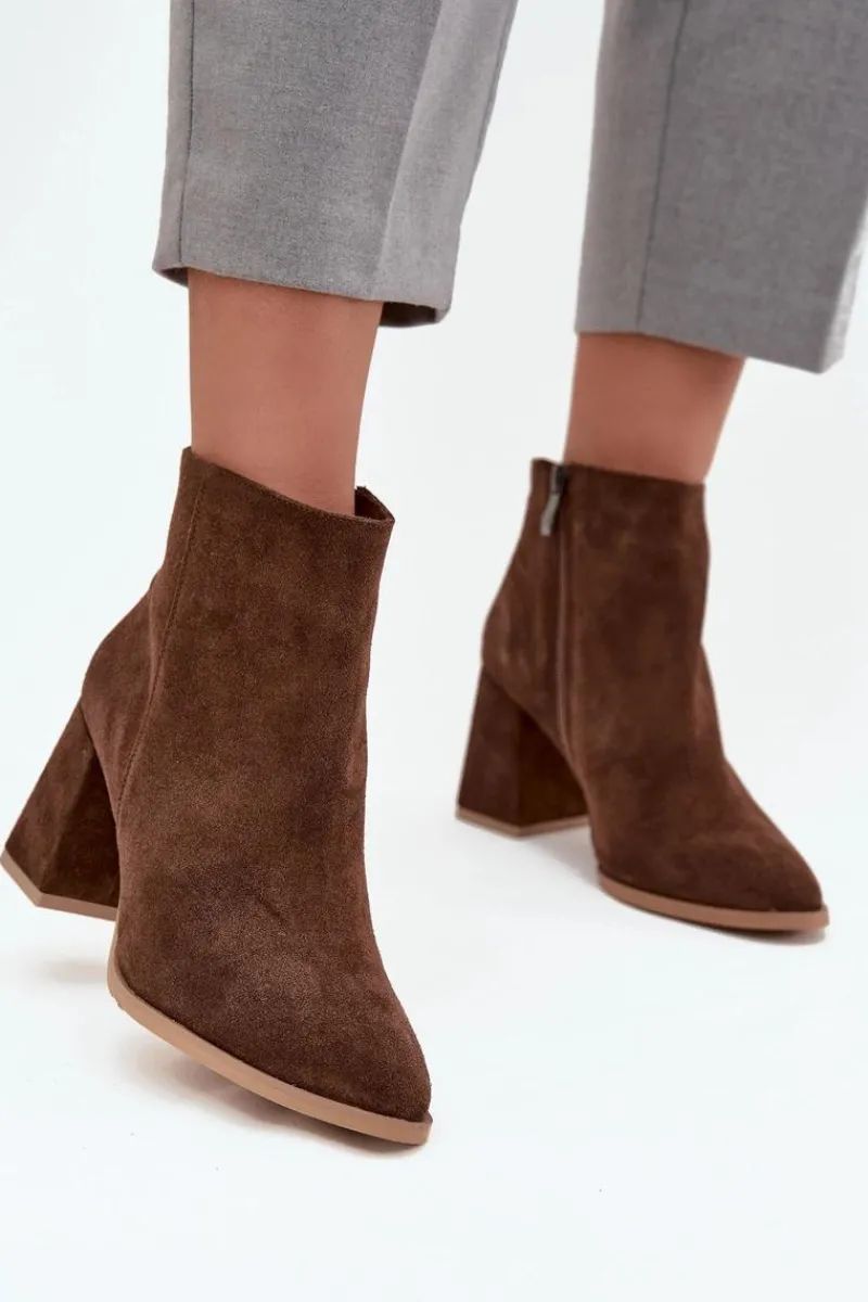 Botki Skórzane|Botki Na Słupku>Zazoo Botki Z Naturalnego Zamszu Obcas Słupek Ocieplane Brązowe 3128 Brązowy