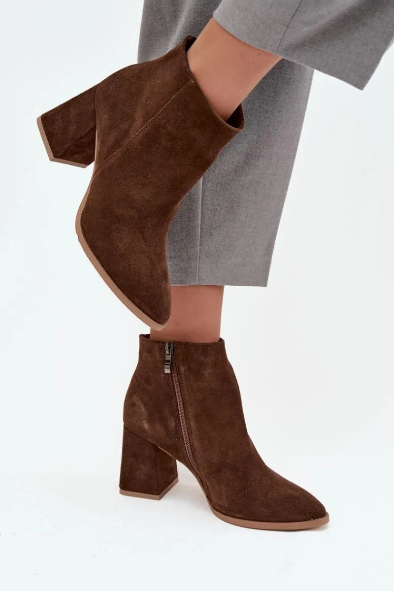 Botki Skórzane|Botki Na Słupku>Zazoo Botki Z Naturalnego Zamszu Obcas Słupek Ocieplane Brązowe 3128 Brązowy