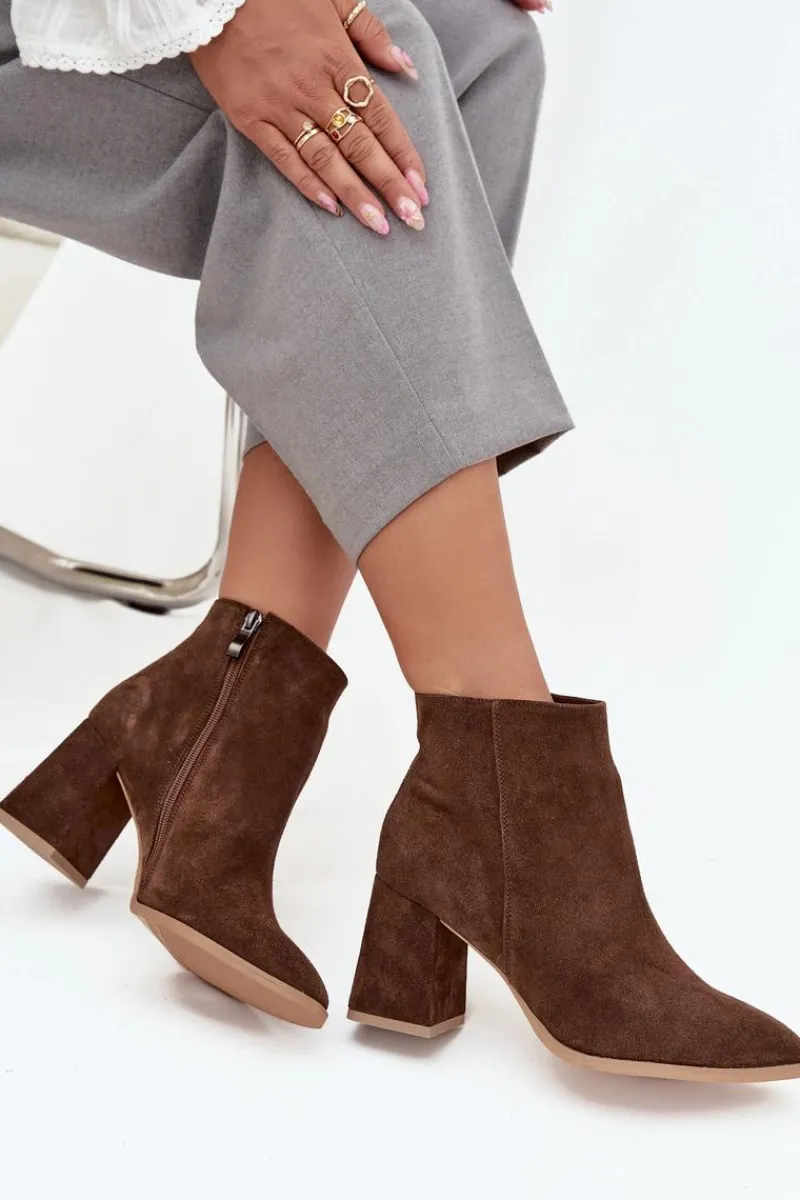 Botki Skórzane|Botki Na Słupku>Zazoo Botki Z Naturalnego Zamszu Obcas Słupek Ocieplane Brązowe 3128 Brązowy