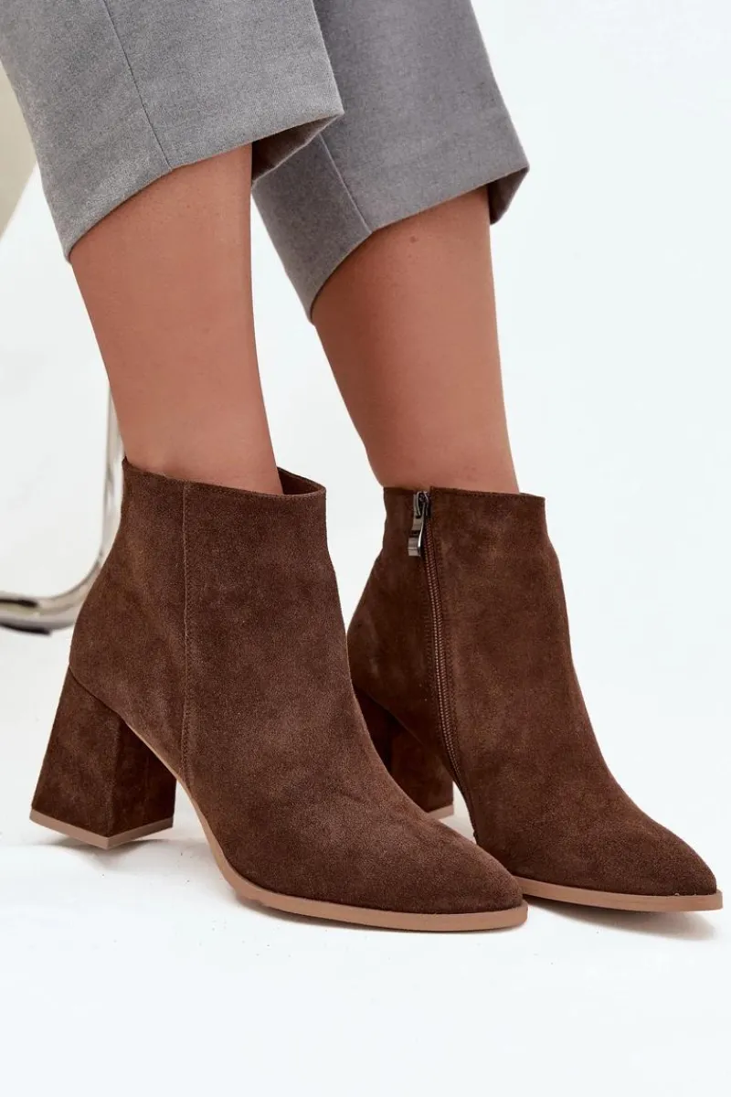 Botki Skórzane|Botki Na Słupku>Zazoo Botki Z Naturalnego Zamszu Obcas Słupek Ocieplane Brązowe 3128 Brązowy