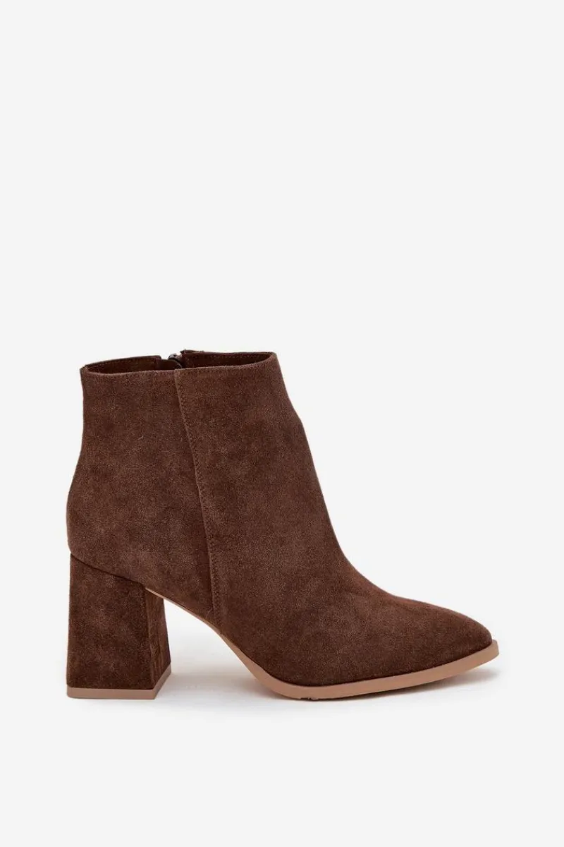 Botki Skórzane|Botki Na Słupku>Zazoo Botki Z Naturalnego Zamszu Obcas Słupek Ocieplane Brązowe 3128 Brązowy