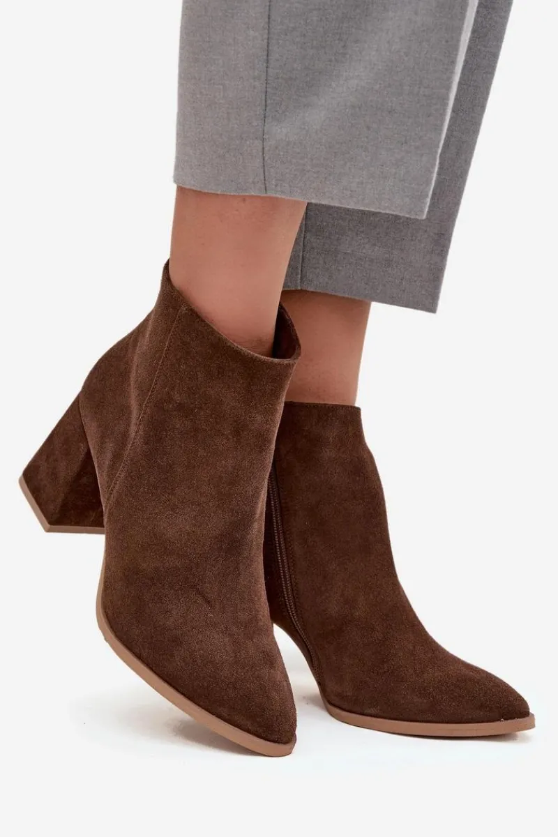 Botki Skórzane|Botki Na Słupku>Zazoo Botki Z Naturalnego Zamszu Obcas Słupek Ocieplane Brązowe 3128 Brązowy