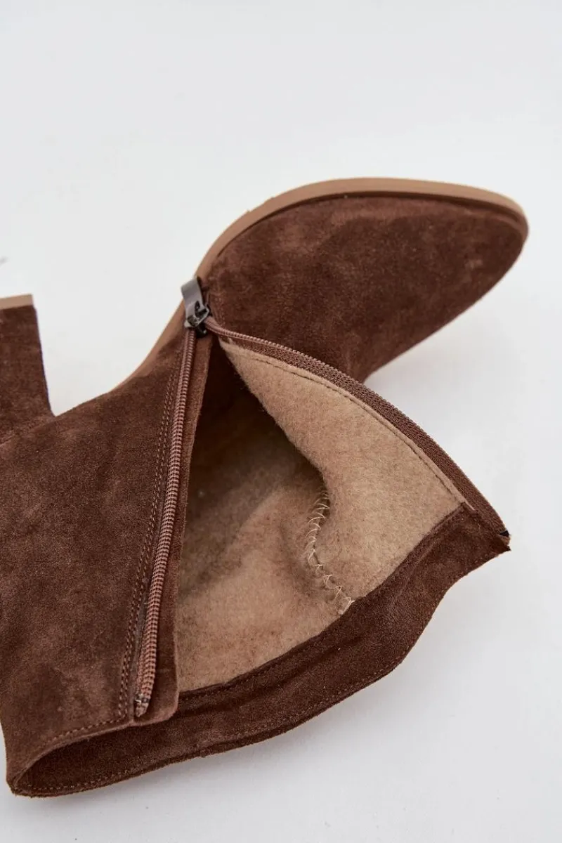 Botki Skórzane|Botki Na Słupku>Zazoo Botki Z Naturalnego Zamszu Obcas Słupek Ocieplane Brązowe 3128 Brązowy