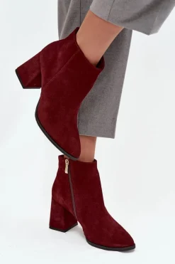 Botki Z Naturalnego Zamszu Obcas Słupek Ocieplane Bordowe 3128 Damskie Botki Skórzane|Botki Na Słupku