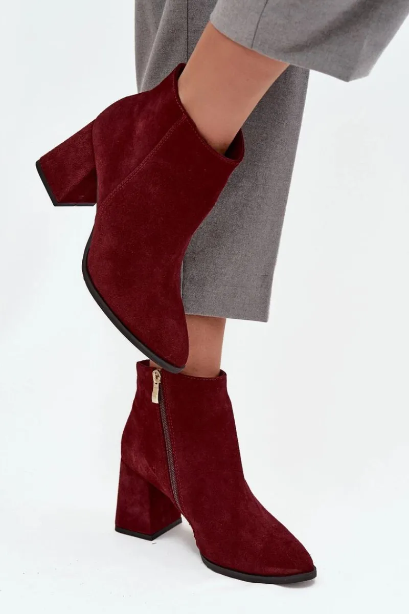 Botki Z Naturalnego Zamszu Obcas Słupek Ocieplane Bordowe 3128 Damskie Botki Skórzane|Botki Na Słupku