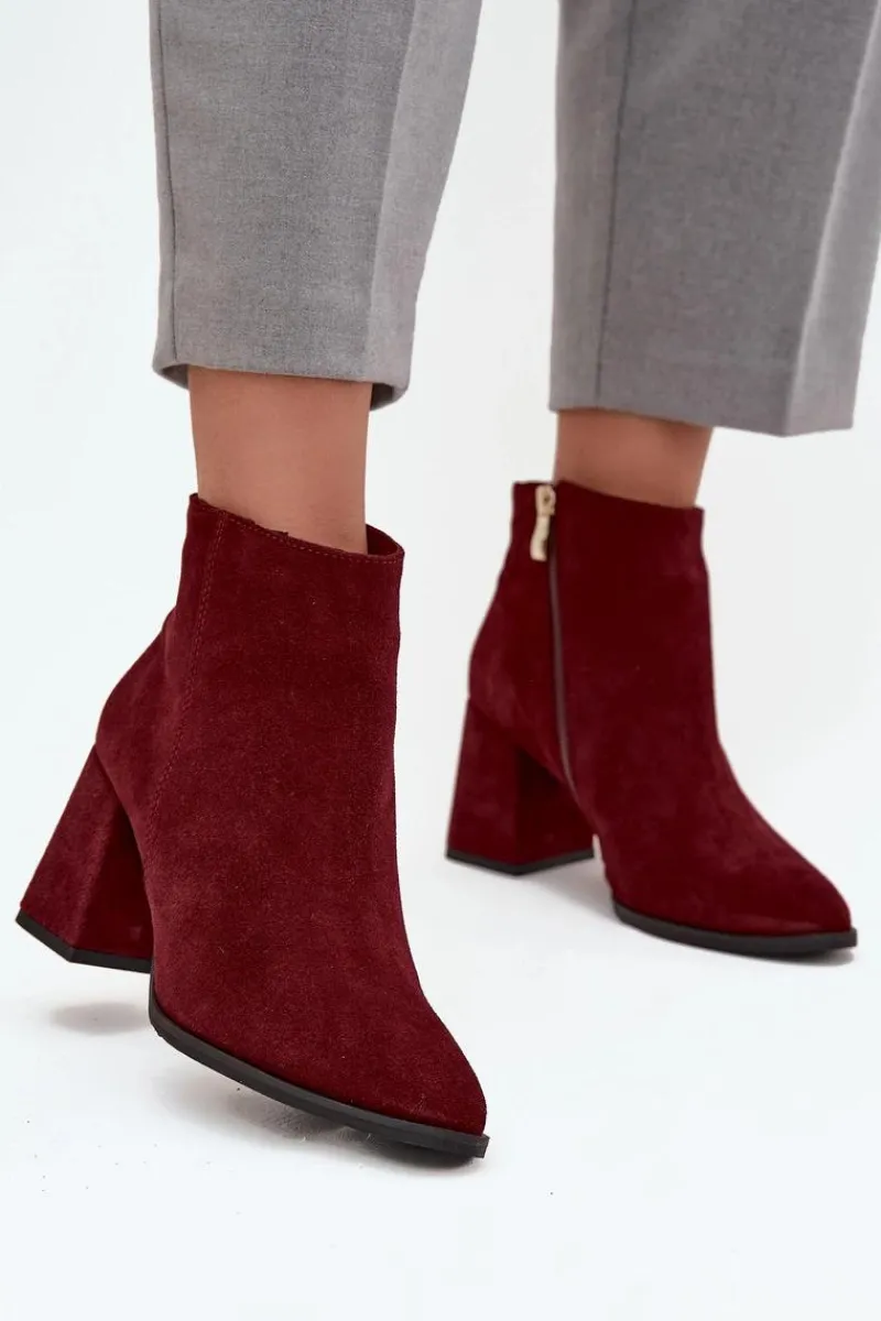 Botki Z Naturalnego Zamszu Obcas Słupek Ocieplane Bordowe 3128 Damskie Botki Skórzane|Botki Na Słupku