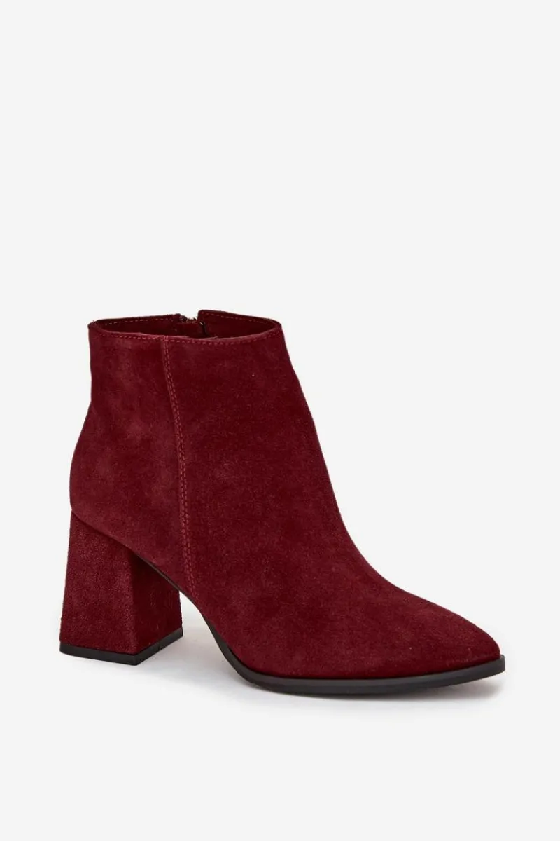 Botki Z Naturalnego Zamszu Obcas Słupek Ocieplane Bordowe 3128 Damskie Botki Skórzane|Botki Na Słupku