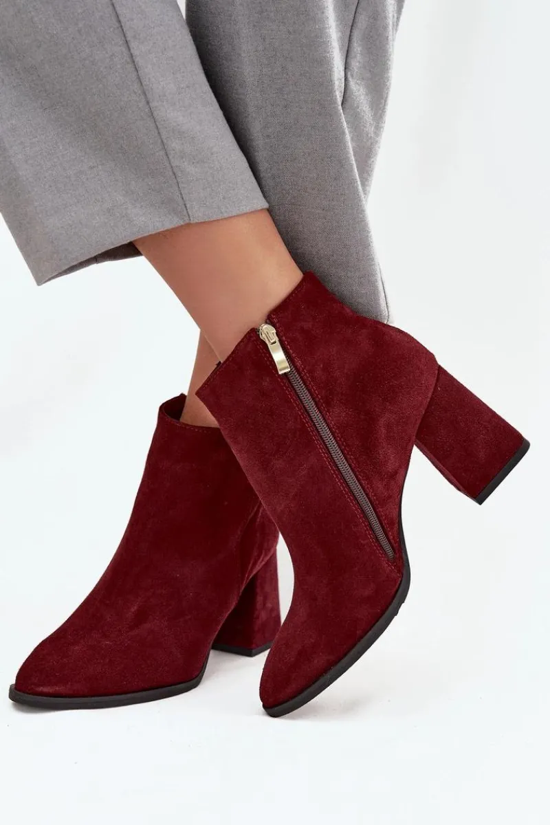 Botki Z Naturalnego Zamszu Obcas Słupek Ocieplane Bordowe 3128 Damskie Botki Skórzane|Botki Na Słupku