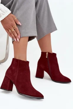 Botki Z Naturalnego Zamszu Obcas Słupek Ocieplane Bordowe 3128 Damskie Botki Skórzane|Botki Na Słupku