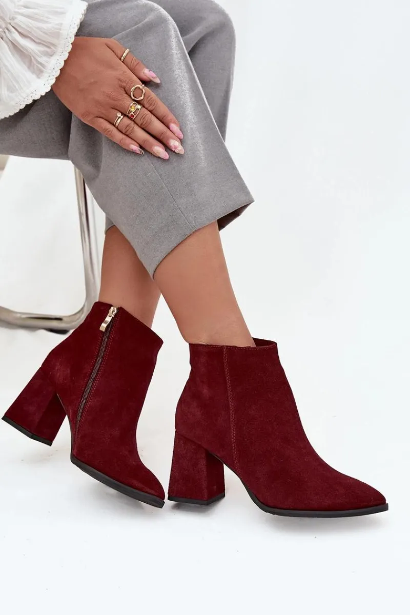 Botki Z Naturalnego Zamszu Obcas Słupek Ocieplane Bordowe 3128 Damskie Botki Skórzane|Botki Na Słupku