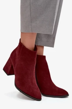 Botki Z Naturalnego Zamszu Obcas Słupek Ocieplane Bordowe 3128 Damskie Botki Skórzane|Botki Na Słupku